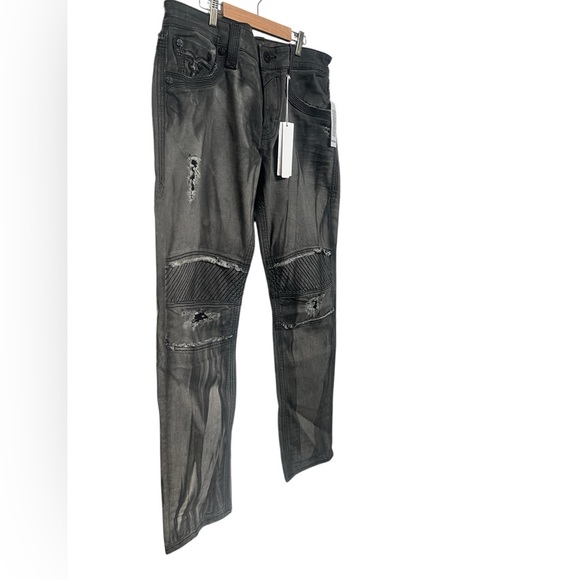 Rock Revival Armory Biker Faded Gray Distressed Embellished Jeans - Picture 4 of 17